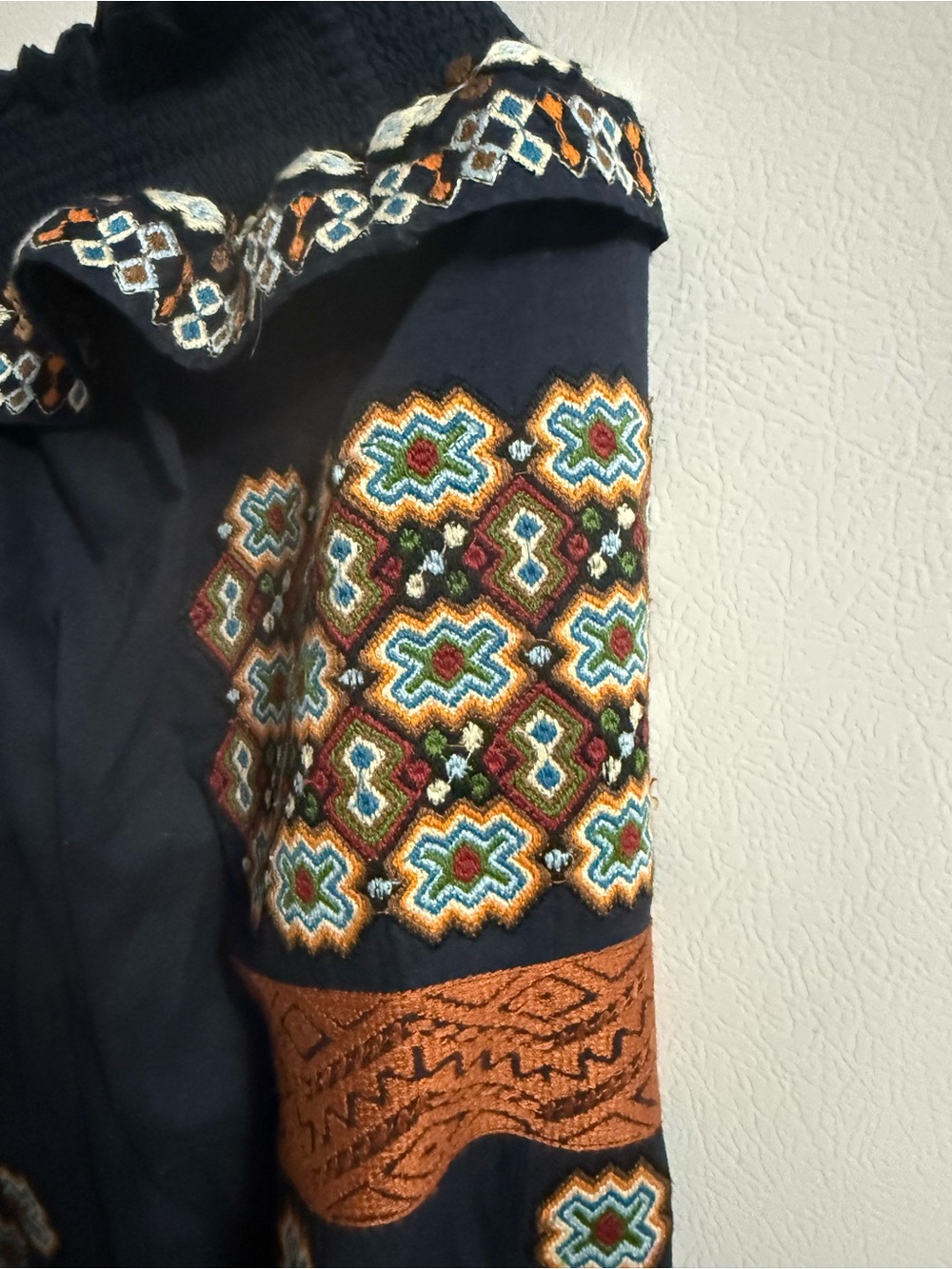 Embroidered Off-Shoulder Navy Peasant Blouse - Picture 3 of 4